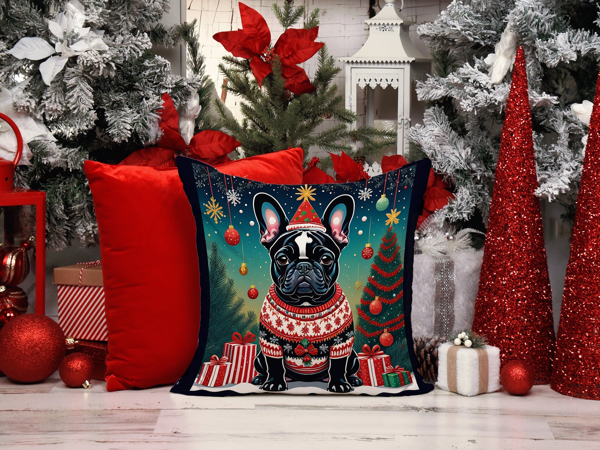 Black French Bulldog Christmas Decorative Throw Pillow 14x14 Indoor Outdoor Accent Cushion, Fabric Cover with Insert for Sofa, Bed, Porch & Living Room
