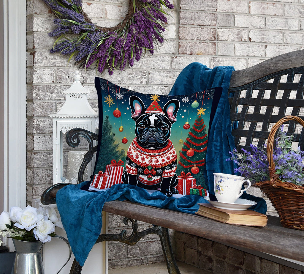 Black French Bulldog Christmas Decorative Throw Pillow 18x18 Indoor Outdoor Accent Cushion, Fabric Cover with Insert for Sofa, Bed, Porch & Living Room