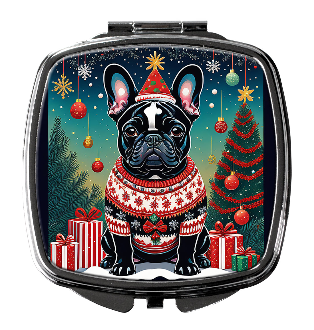 Black French Bulldog Christmas Compact Mirror Decorative Travel Makeup Mirror for Women Girls Gifts Pocket Makeup Mirror Folding Handheld