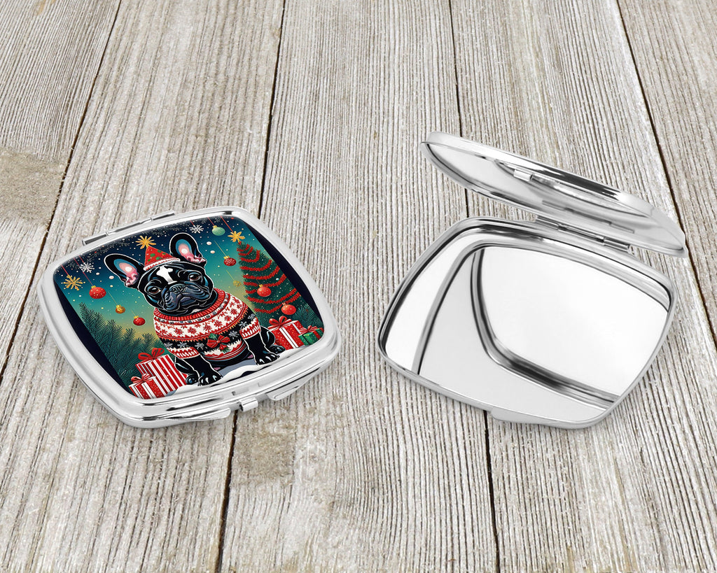 Black French Bulldog Christmas Compact Mirror Decorative Travel Makeup Mirror for Women Girls Gifts Pocket Makeup Mirror Folding Handheld