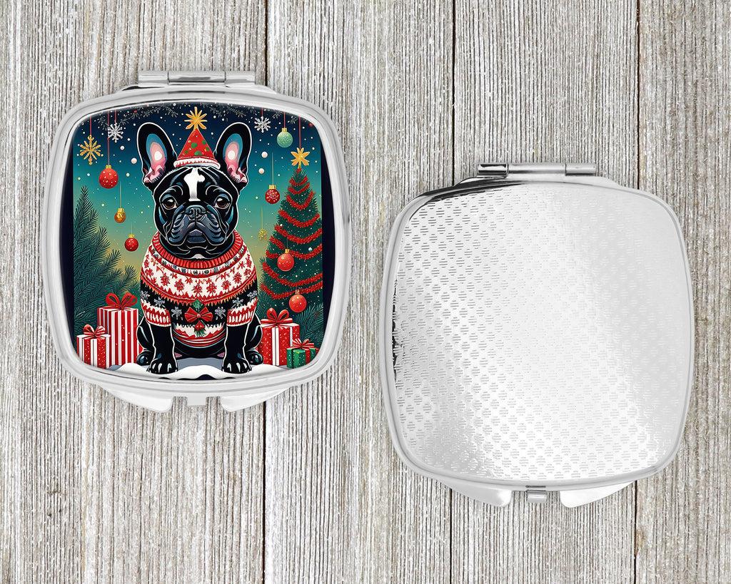Black French Bulldog Christmas Compact Mirror Decorative Travel Makeup Mirror for Women Girls Gifts Pocket Makeup Mirror Folding Handheld