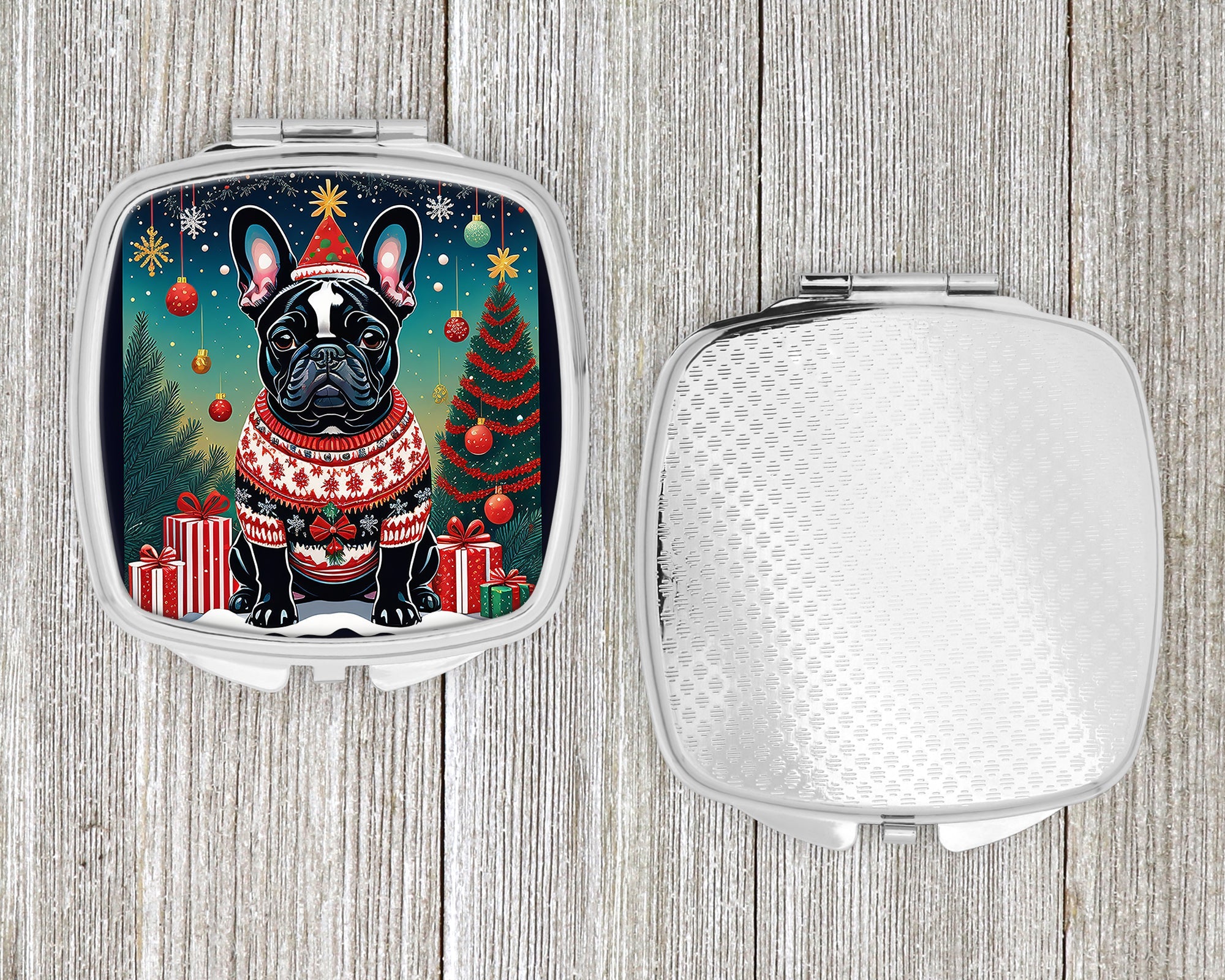 Black French Bulldog Christmas Compact Mirror Decorative Travel Makeup Mirror for Women Girls Gifts Pocket Makeup Mirror Folding Handheld