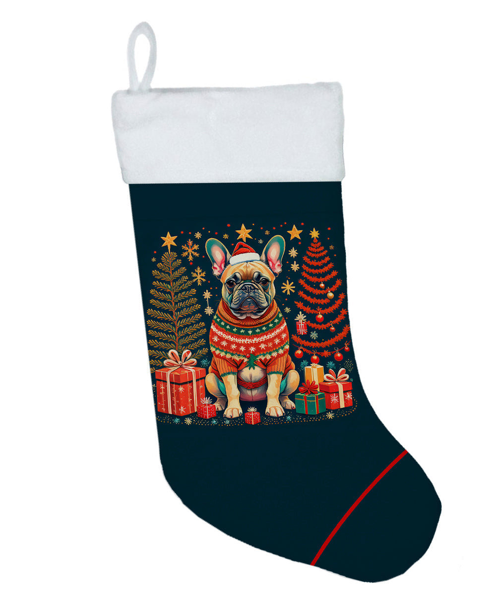 Fawn French Bulldog Christmas Holiday Stocking Double-Sided Print, Polyester Suede,11x18, Made in USA
