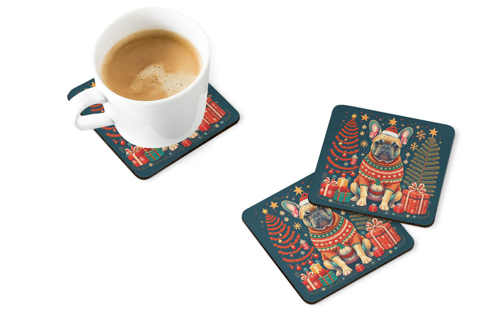 Fawn French Bulldog Christmas Foam Coasters Set of 4 Cup Coasters for Indoor Outdoor, Tabletop Protection, Anti Slip, Mouse pad Material