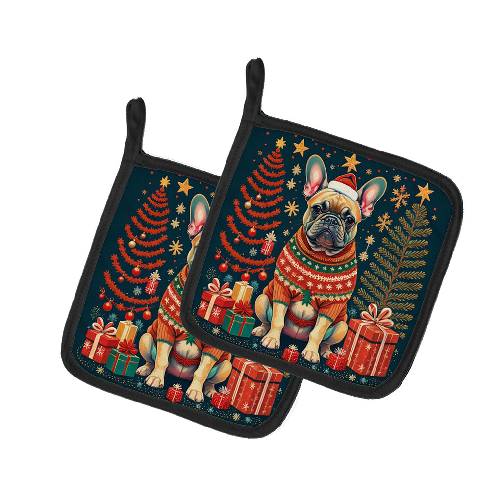 Fawn French Bulldog Christmas Pot Holder Set of 2 Heat Resistant Quilted Hot Pads 7.5 x 7.5 Inch, Insulated Kitchen Trivets for Cooking & Baking