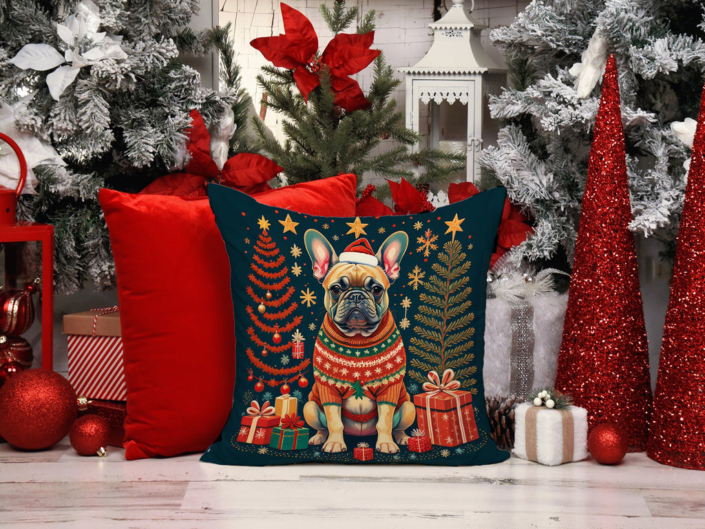 Fawn French Bulldog Christmas Decorative Throw Pillow 18x18 Indoor Outdoor Accent Cushion, Fabric Cover with Insert for Sofa, Bed, Porch & Living Room