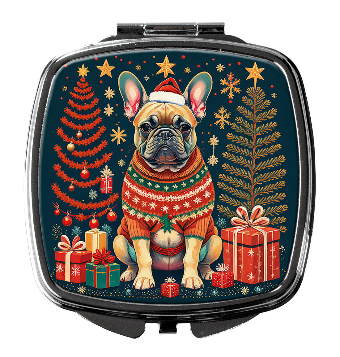 Fawn French Bulldog Christmas Compact Mirror Decorative Travel Makeup Mirror for Women Girls Gifts Pocket Makeup Mirror Folding Handheld