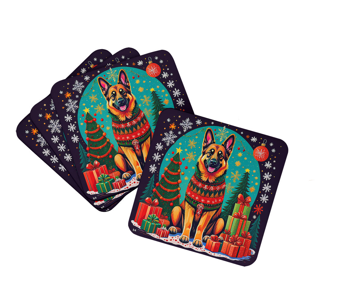 German Shepherd Christmas Foam Coasters Set of 4 Cup Coasters for Indoor Outdoor, Tabletop Protection, Anti Slip, Mouse pad Material