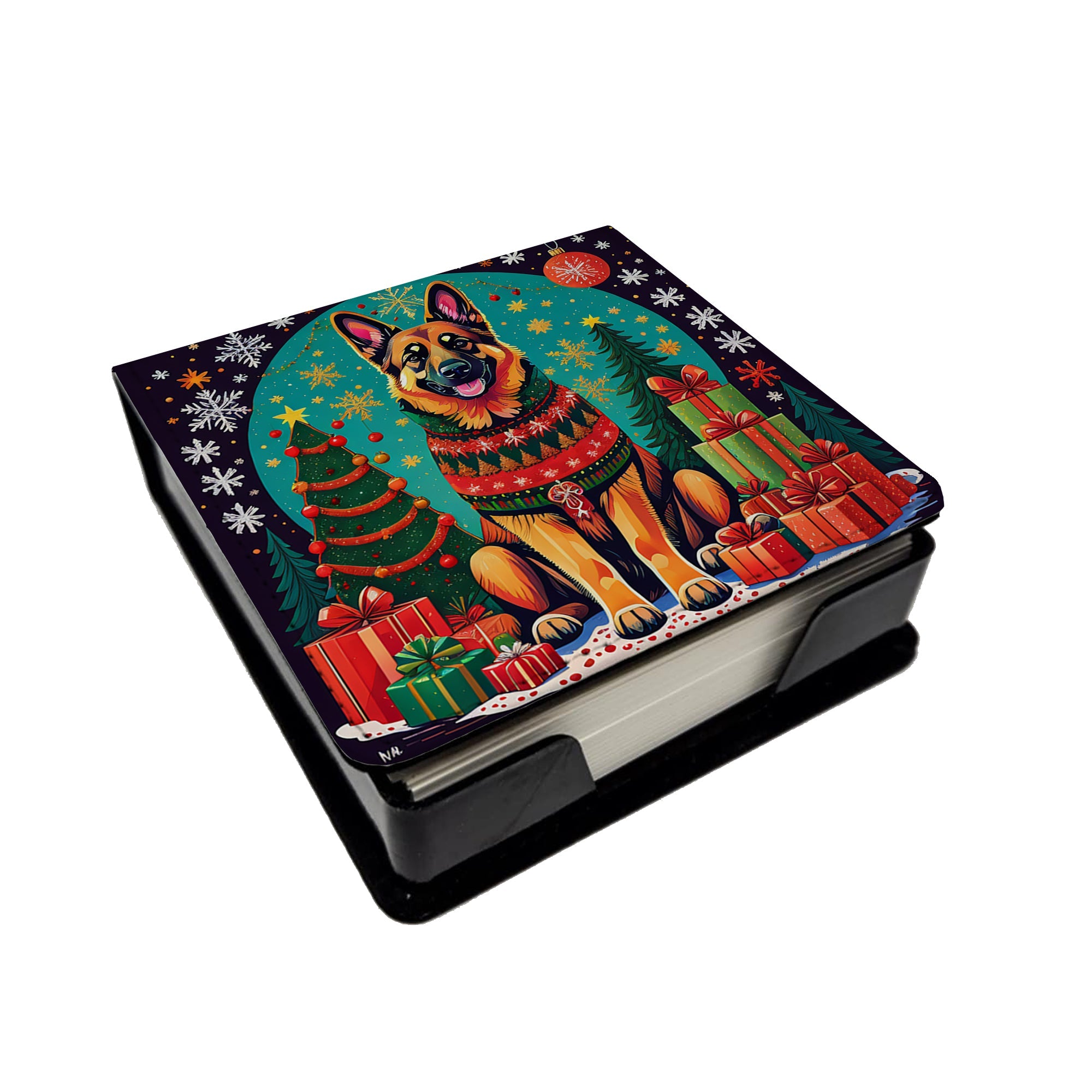 German Shepherd Christmas PU Leather Note Paper Holder with Artist-Designed Cover, Desk Accessory, Office Gift