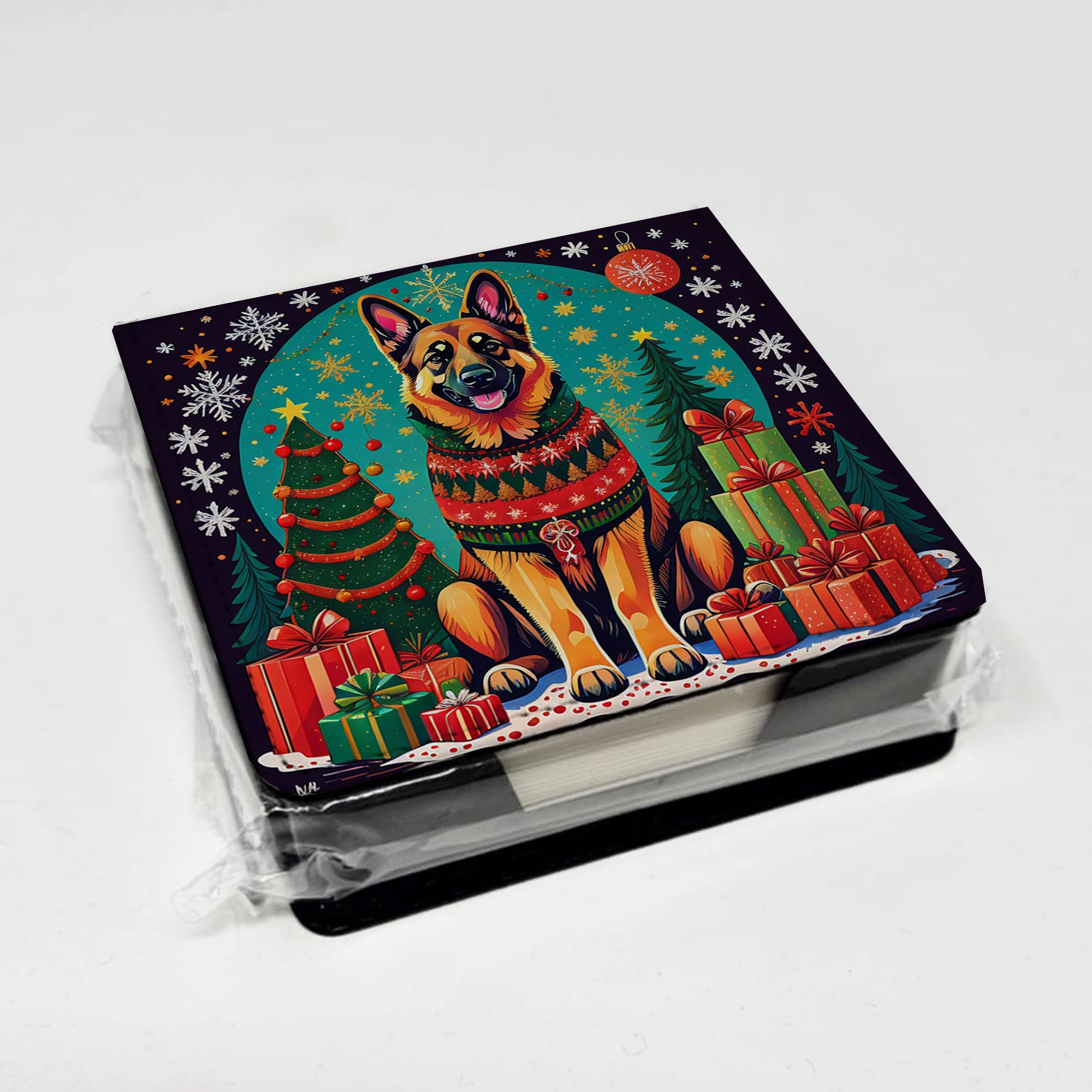 German Shepherd Christmas PU Leather Note Paper Holder with Artist-Designed Cover, Desk Accessory, Office Gift