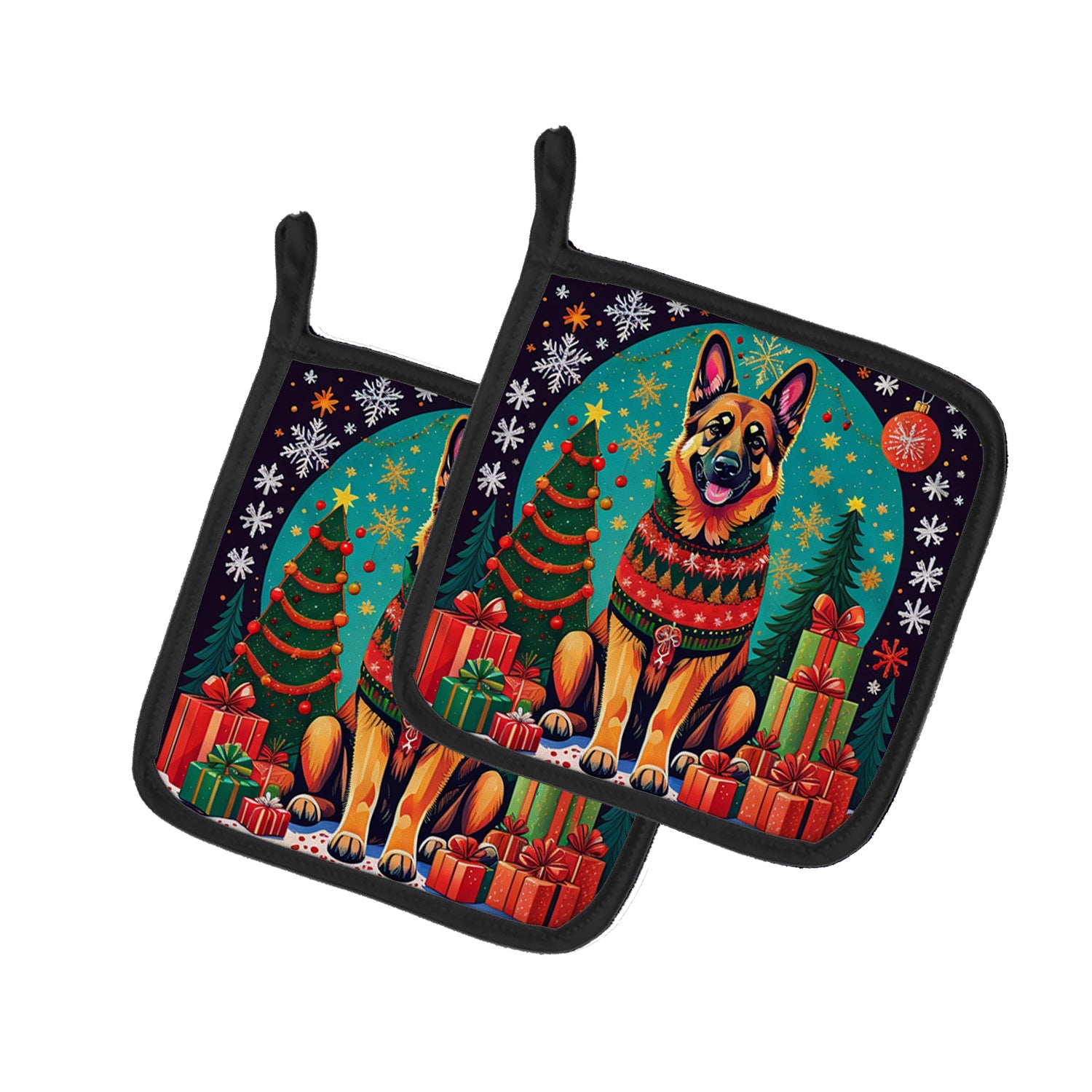 German Shepherd Christmas Pot Holder Set of 2 Heat Resistant Quilted Hot Pads 7.5 x 7.5 Inch, Insulated Kitchen Trivets for Cooking & Baking