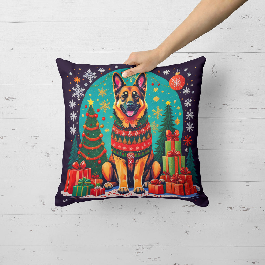 German Shepherd Christmas Decorative Throw Pillow 14x14 Indoor Outdoor Accent Cushion, Fabric Cover with Insert for Sofa, Bed, Porch & Living Room