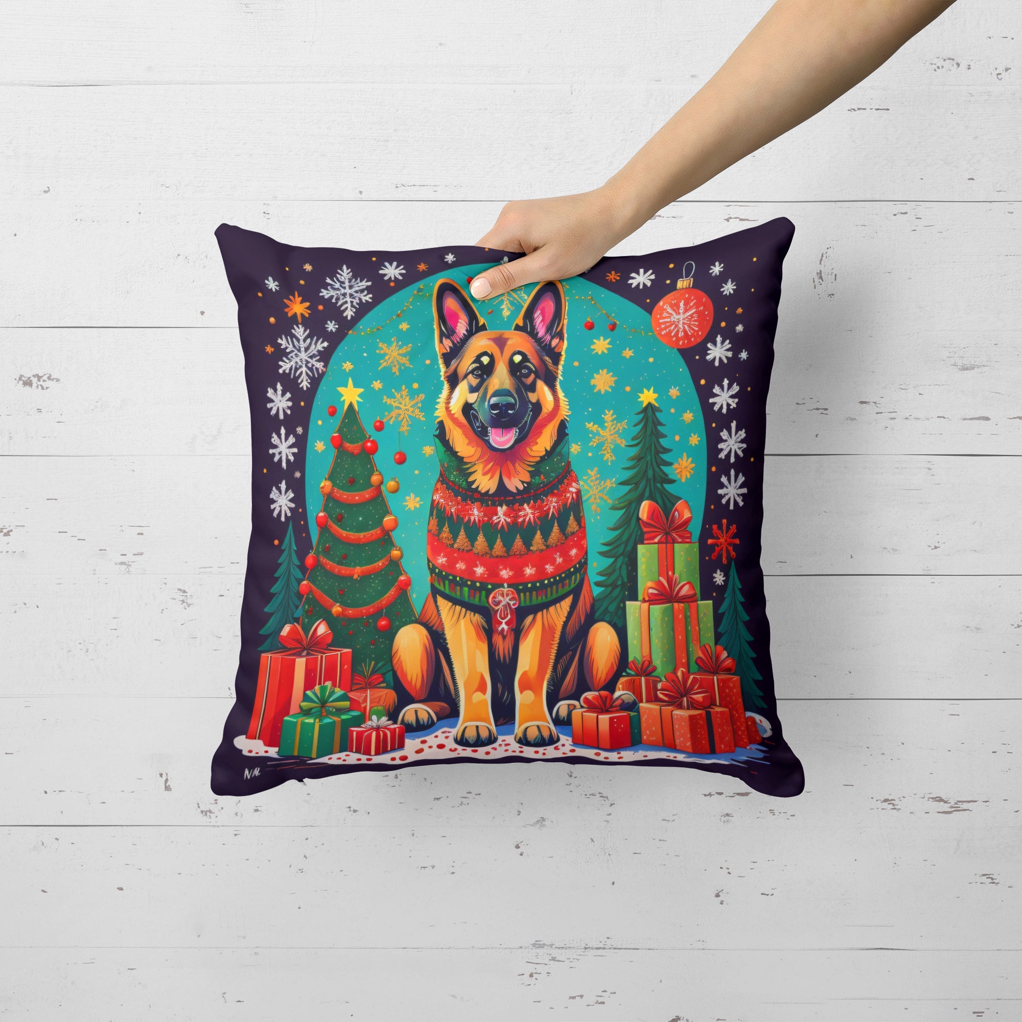 German Shepherd Christmas Decorative Throw Pillow 14x14 Indoor Outdoor Accent Cushion, Fabric Cover with Insert for Sofa, Bed, Porch & Living Room
