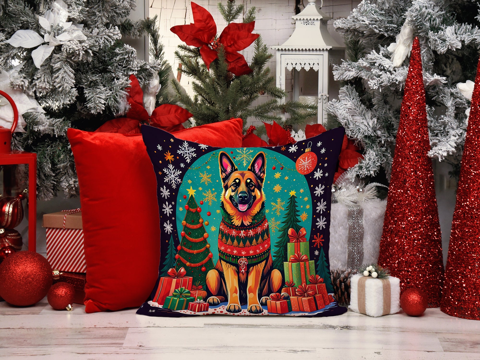 German Shepherd Christmas Decorative Throw Pillow 14x14 Indoor Outdoor Accent Cushion, Fabric Cover with Insert for Sofa, Bed, Porch & Living Room