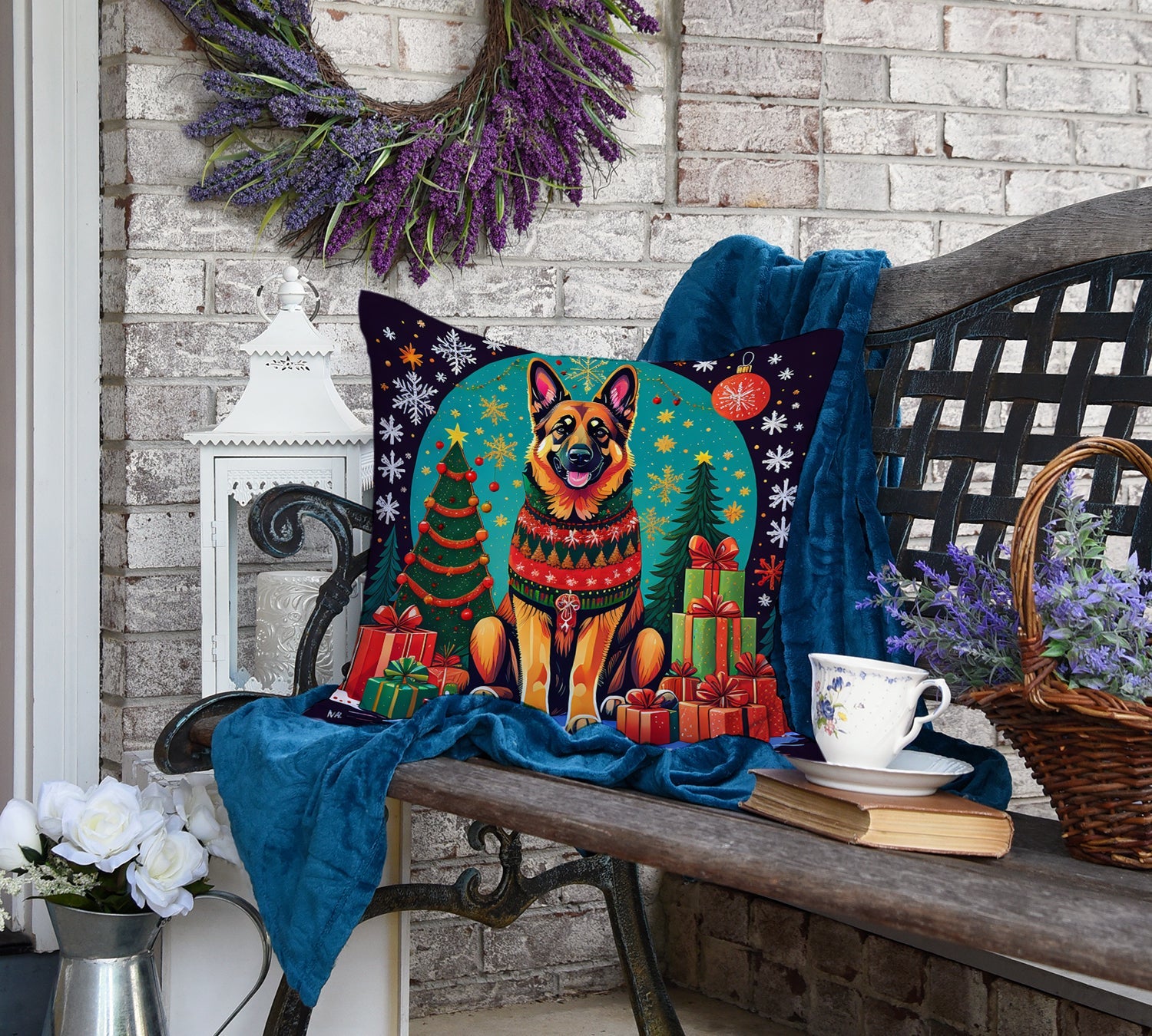 German Shepherd Christmas Decorative Throw Pillow 18x18 Indoor Outdoor Accent Cushion, Fabric Cover with Insert for Sofa, Bed, Porch & Living Room