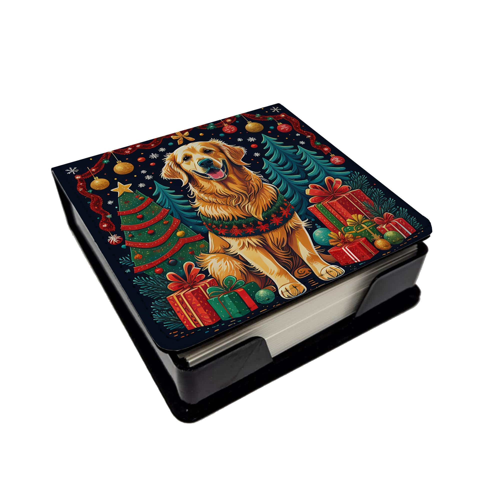 Golden Retriever Christmas PU Leather Note Paper Holder with Artist-Designed Cover, Desk Accessory, Office Gift
