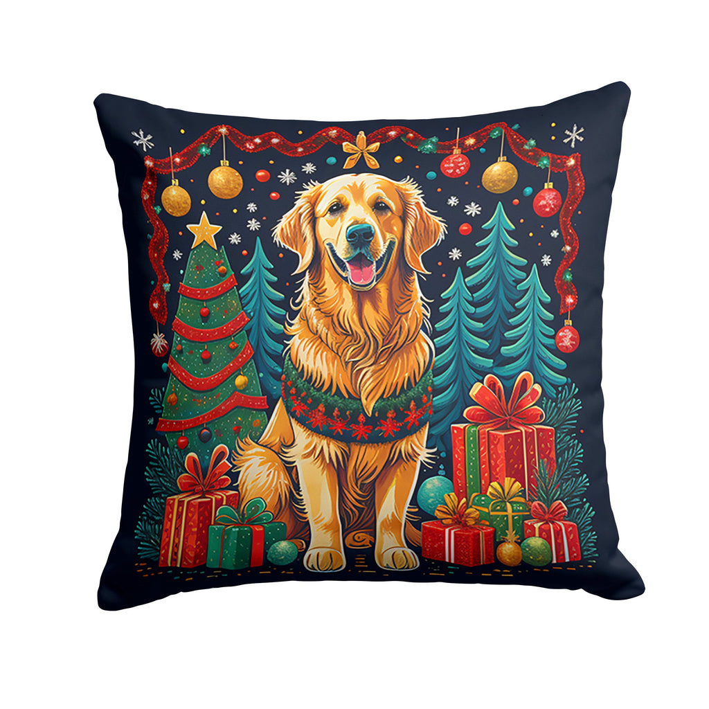 Golden Retriever Christmas Decorative Throw Pillow 14x14 Indoor Outdoor Accent Cushion, Fabric Cover with Insert for Sofa, Bed, Porch & Living Room