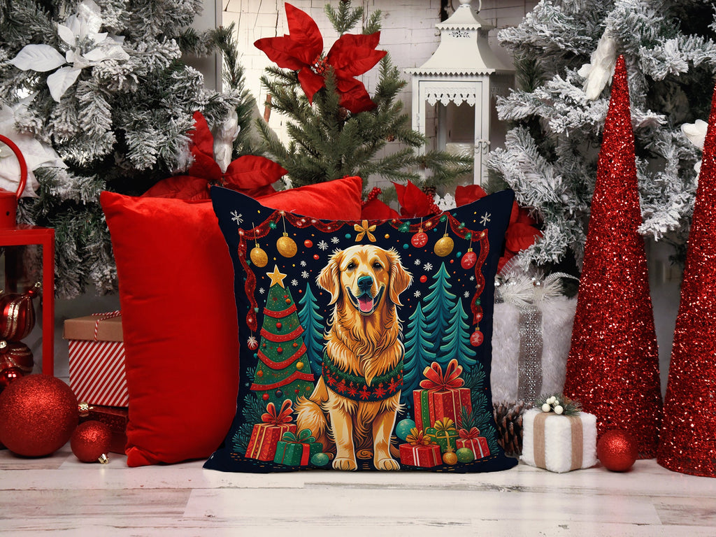 Golden Retriever Christmas Decorative Throw Pillow 18x18 Indoor Outdoor Accent Cushion, Fabric Cover with Insert for Sofa, Bed, Porch & Living Room