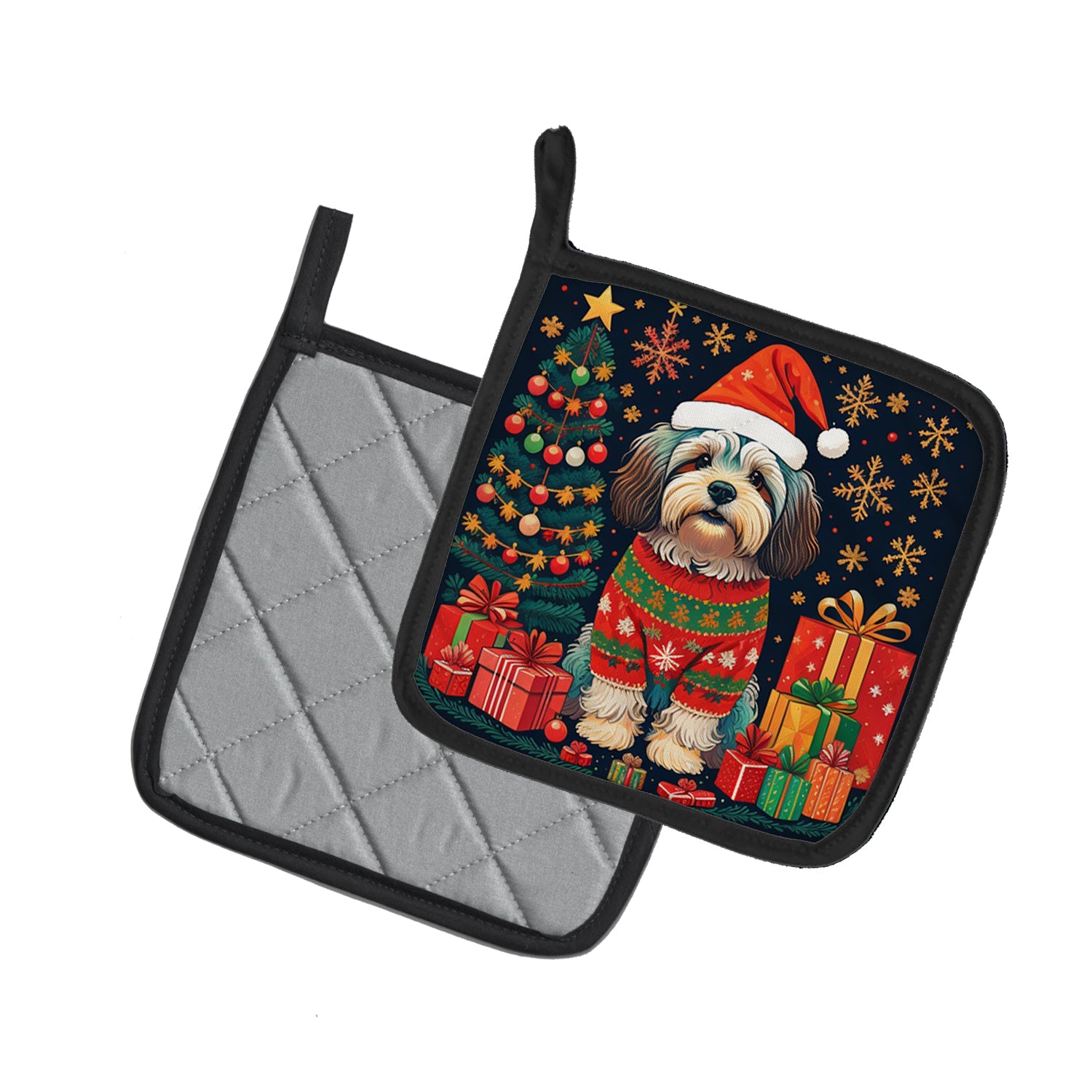 Havanese Christmas Pot Holder Set of 2 Heat Resistant Quilted Hot Pads 7.5 x 7.5 Inch, Insulated Kitchen Trivets for Cooking & Baking
