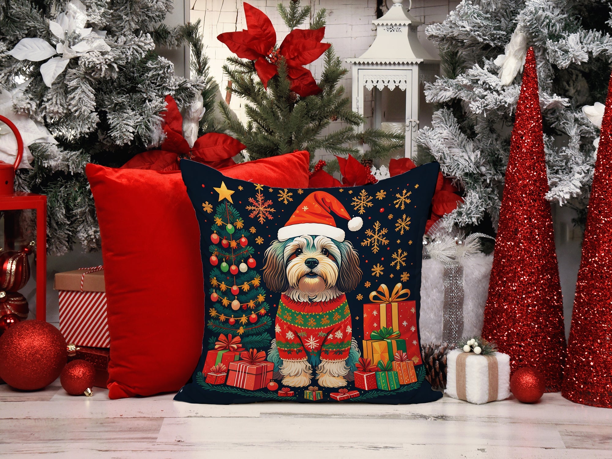 Havanese Christmas Decorative Throw Pillow 14x14 Indoor Outdoor Accent Cushion, Fabric Cover with Insert for Sofa, Bed, Porch & Living Room