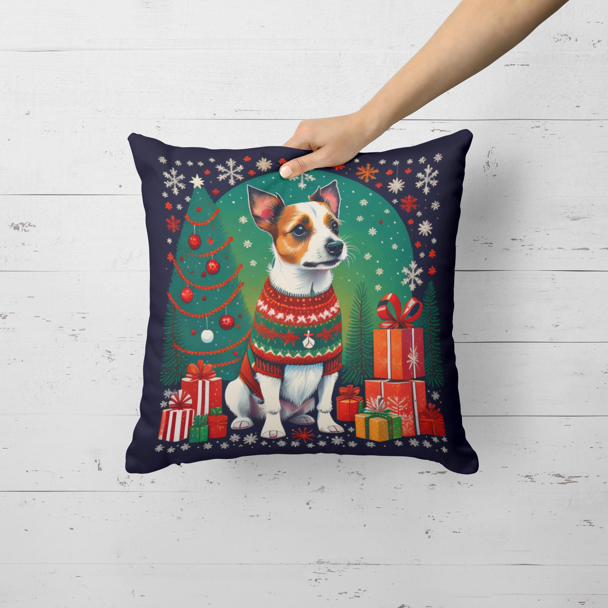 Jack Russell Terrier Christmas Decorative Throw Pillow 14x14 Indoor Outdoor Accent Cushion, Fabric Cover with Insert for Sofa, Bed, Porch & Living Room