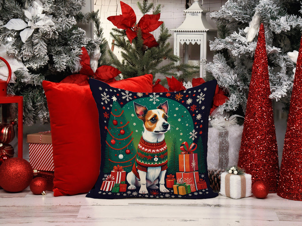 Jack Russell Terrier Christmas Decorative Throw Pillow 14x14 Indoor Outdoor Accent Cushion, Fabric Cover with Insert for Sofa, Bed, Porch & Living Room