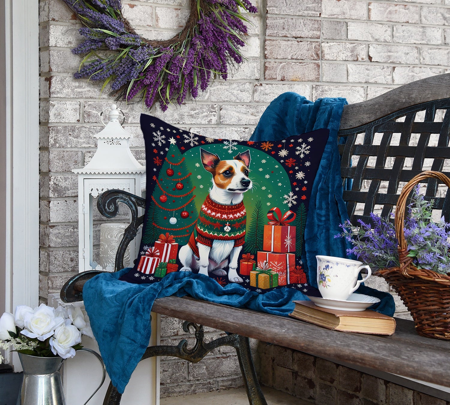 Jack Russell Terrier Christmas Decorative Throw Pillow 18x18 Indoor Outdoor Accent Cushion, Fabric Cover with Insert for Sofa, Bed, Porch & Living Room