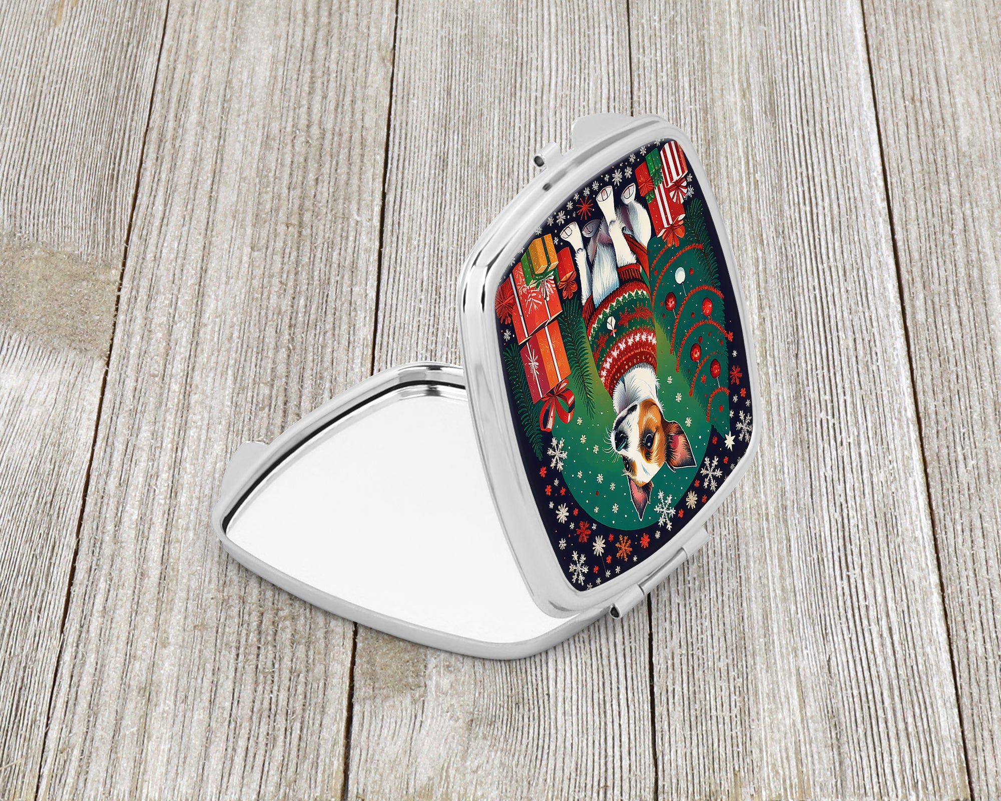Jack Russell Terrier Christmas Compact Mirror Decorative Travel Makeup Mirror for Women Girls Gifts Pocket Makeup Mirror Folding Handheld