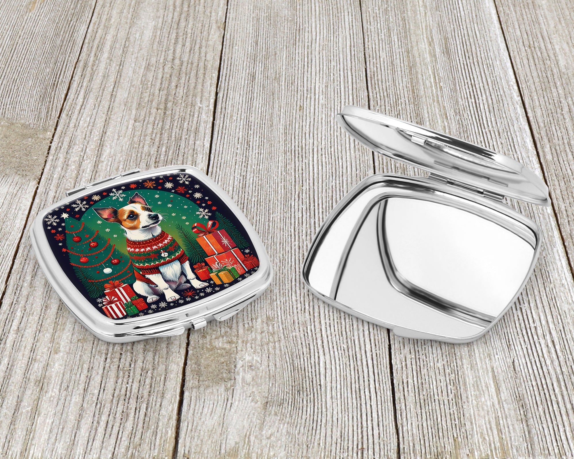 Jack Russell Terrier Christmas Compact Mirror Decorative Travel Makeup Mirror for Women Girls Gifts Pocket Makeup Mirror Folding Handheld