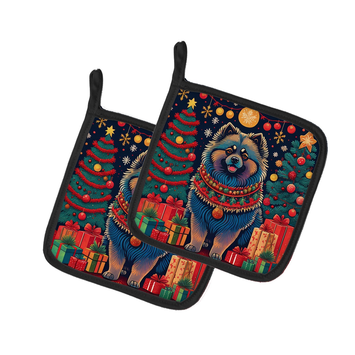 Keeshond Christmas Pot Holder Set of 2 Heat Resistant Quilted Hot Pads 7.5 x 7.5 Inch, Insulated Kitchen Trivets for Cooking & Baking