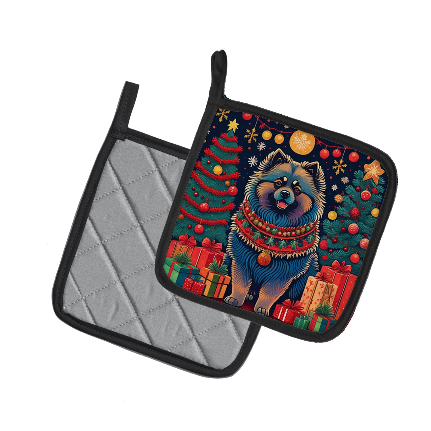 Keeshond Christmas Pot Holder Set of 2 Heat Resistant Quilted Hot Pads 7.5 x 7.5 Inch, Insulated Kitchen Trivets for Cooking & Baking