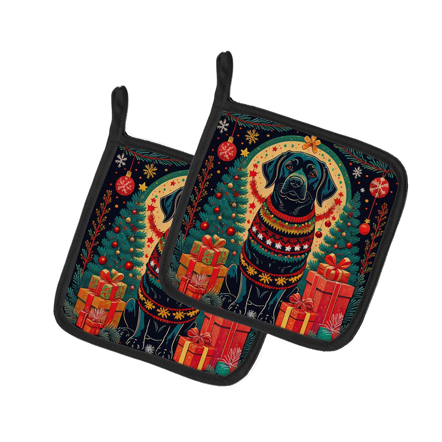 Black Labrador Retriever Christmas Pot Holder Set of 2 Heat Resistant Quilted Hot Pads 7.5 x 7.5 Inch, Insulated Kitchen Trivets for Cooking & Baking