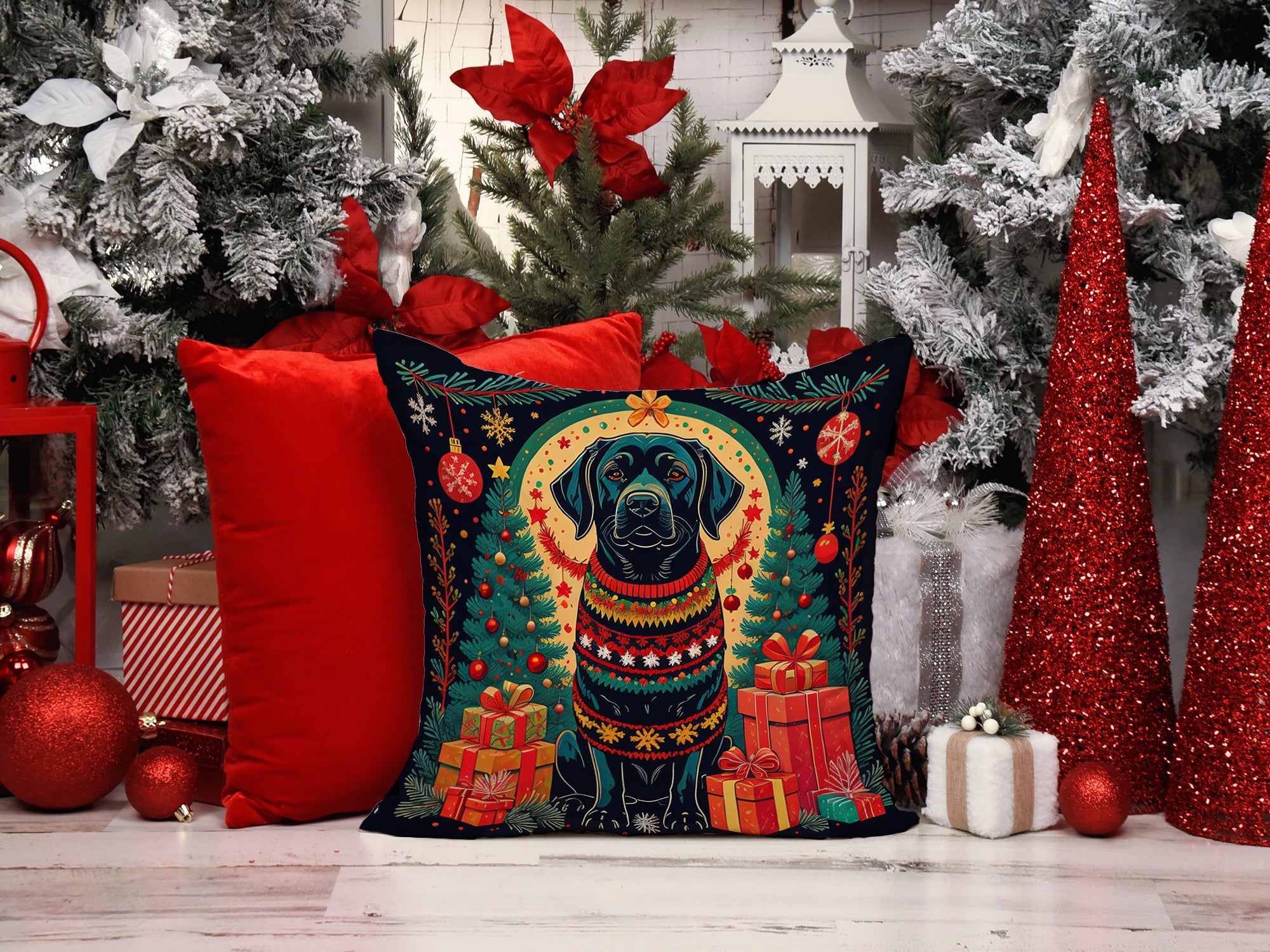 Black Labrador Retriever Christmas Decorative Throw Pillow 14x14 Indoor Outdoor Accent Cushion, Fabric Cover with Insert for Sofa, Bed, Porch & Living Room