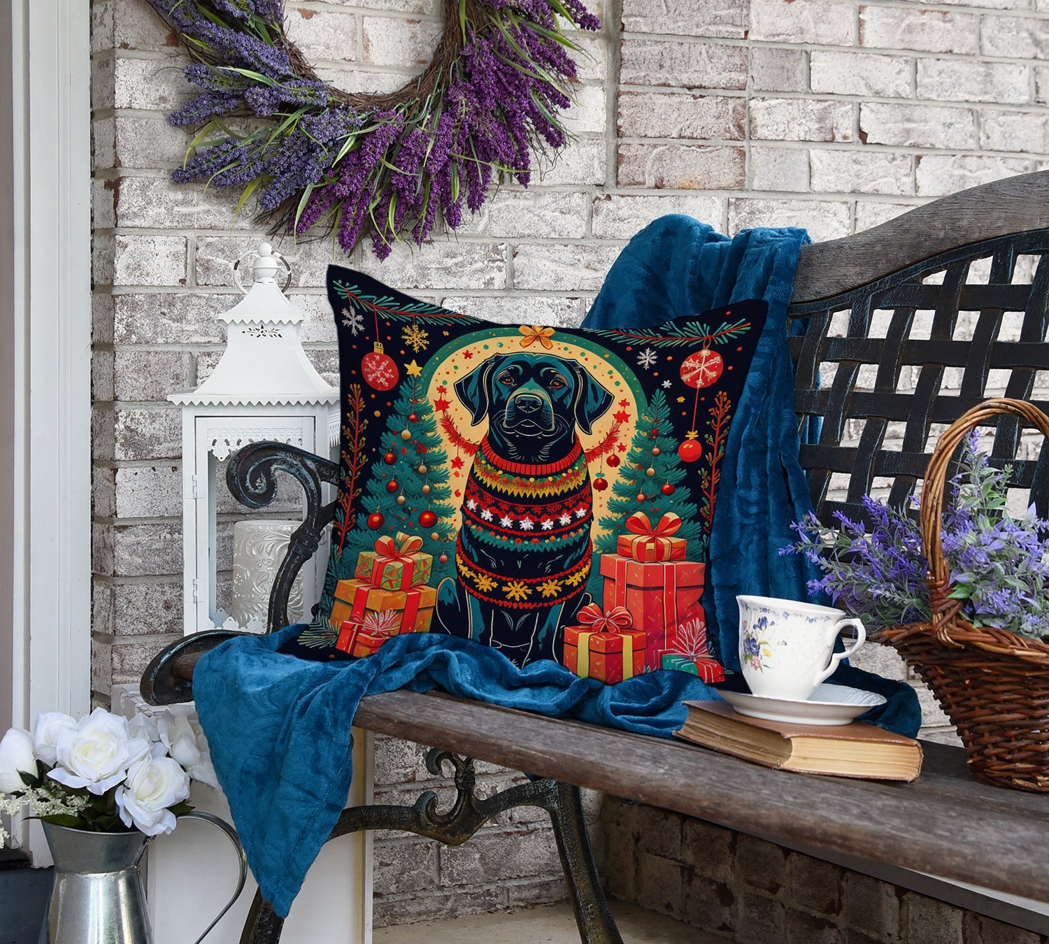 Black Labrador Retriever Christmas Decorative Throw Pillow 18x18 Indoor Outdoor Accent Cushion, Fabric Cover with Insert for Sofa, Bed, Porch & Living Room
