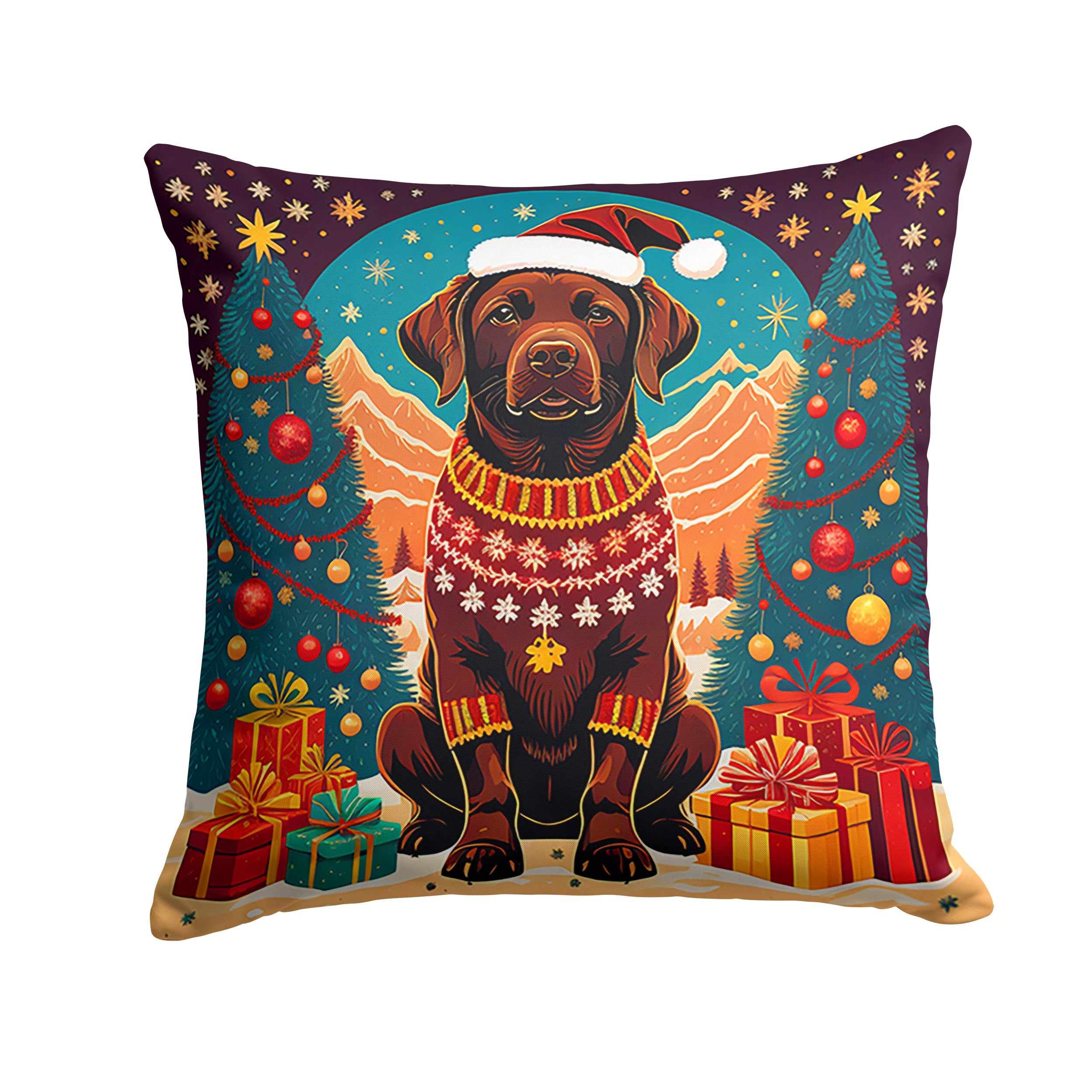 Chocolate Labrador Retriever Christmas Decorative Throw Pillow 18x18 Indoor Outdoor Accent Cushion, Fabric Cover with Insert for Sofa, Bed, Porch & Living Room
