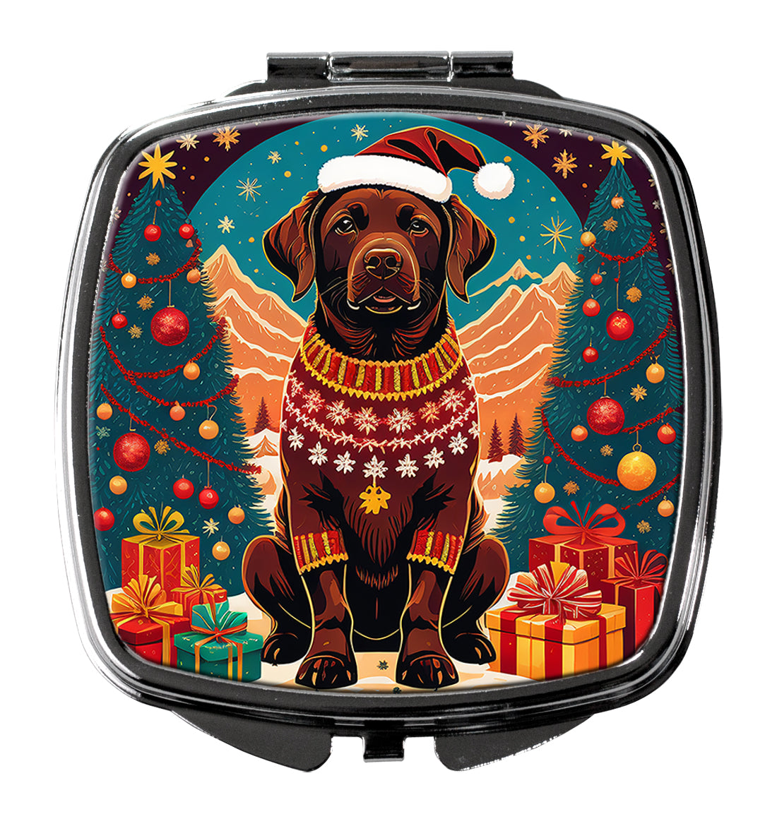 Chocolate Labrador Retriever Christmas Compact Mirror Decorative Travel Makeup Mirror for Women Girls Gifts Pocket Makeup Mirror Folding Handheld