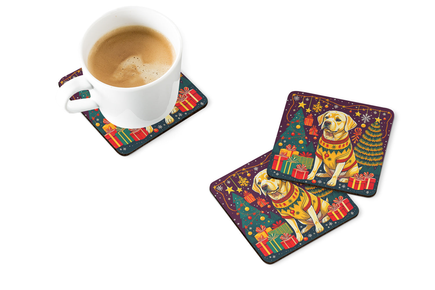 Yellow Labrador Retriever Christmas Foam Coasters Set of 4 Cup Coasters for Indoor Outdoor, Tabletop Protection, Anti Slip, Mouse pad Material