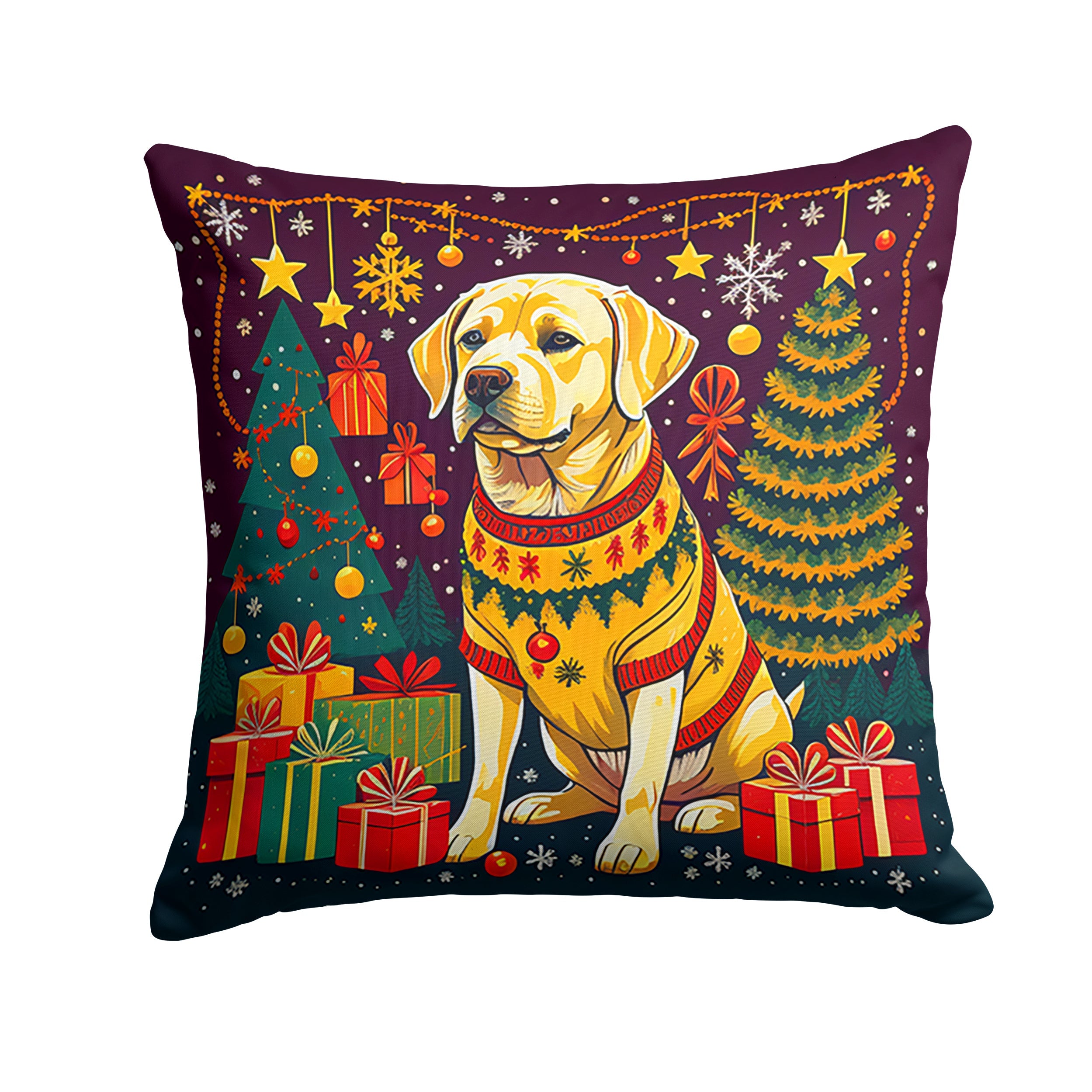 Yellow Labrador Retriever Christmas Decorative Throw Pillow 14x14 Indoor Outdoor Accent Cushion, Fabric Cover with Insert for Sofa, Bed, Porch & Living Room