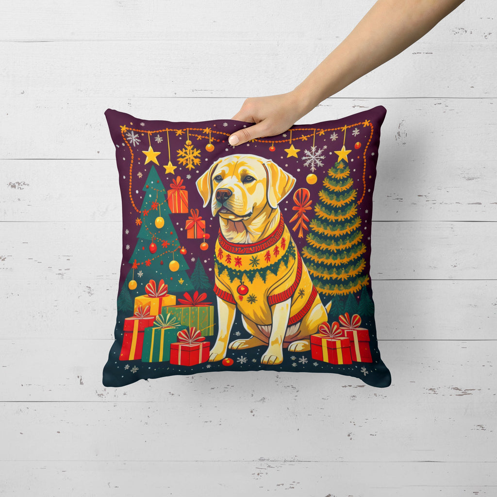 Yellow Labrador Retriever Christmas Decorative Throw Pillow 14x14 Indoor Outdoor Accent Cushion, Fabric Cover with Insert for Sofa, Bed, Porch & Living Room