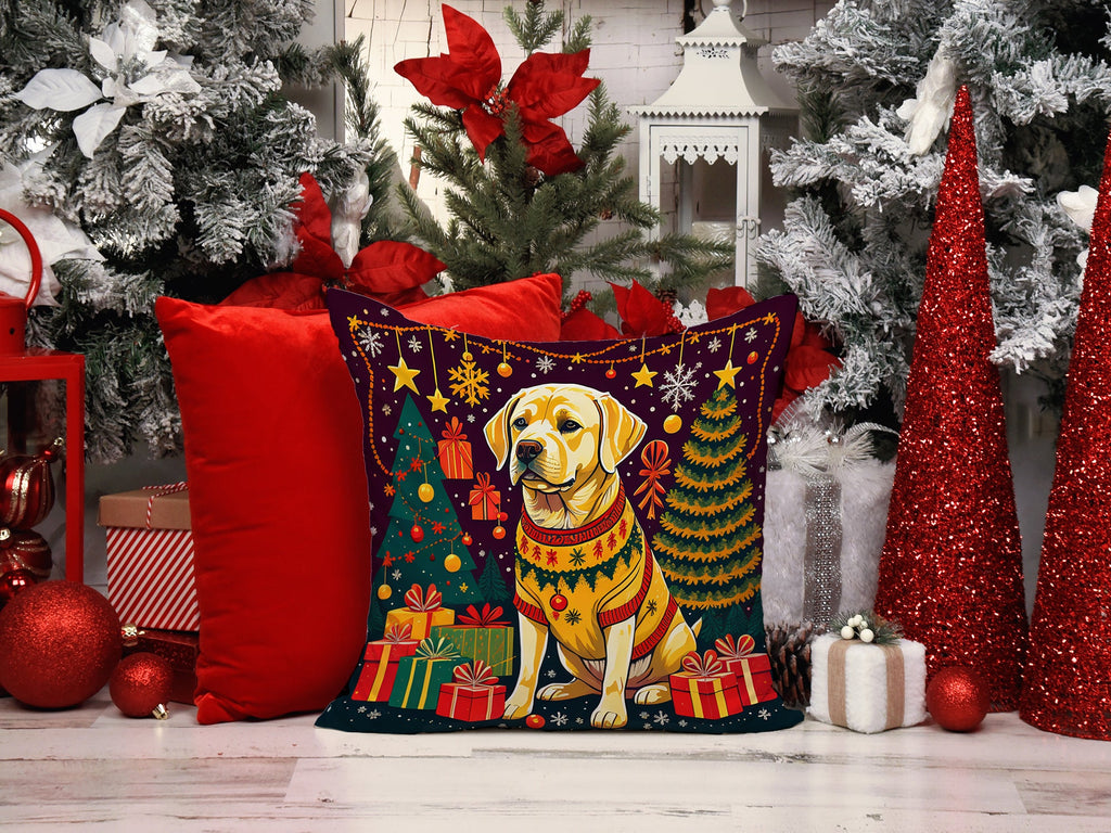 Yellow Labrador Retriever Christmas Decorative Throw Pillow 14x14 Indoor Outdoor Accent Cushion, Fabric Cover with Insert for Sofa, Bed, Porch & Living Room
