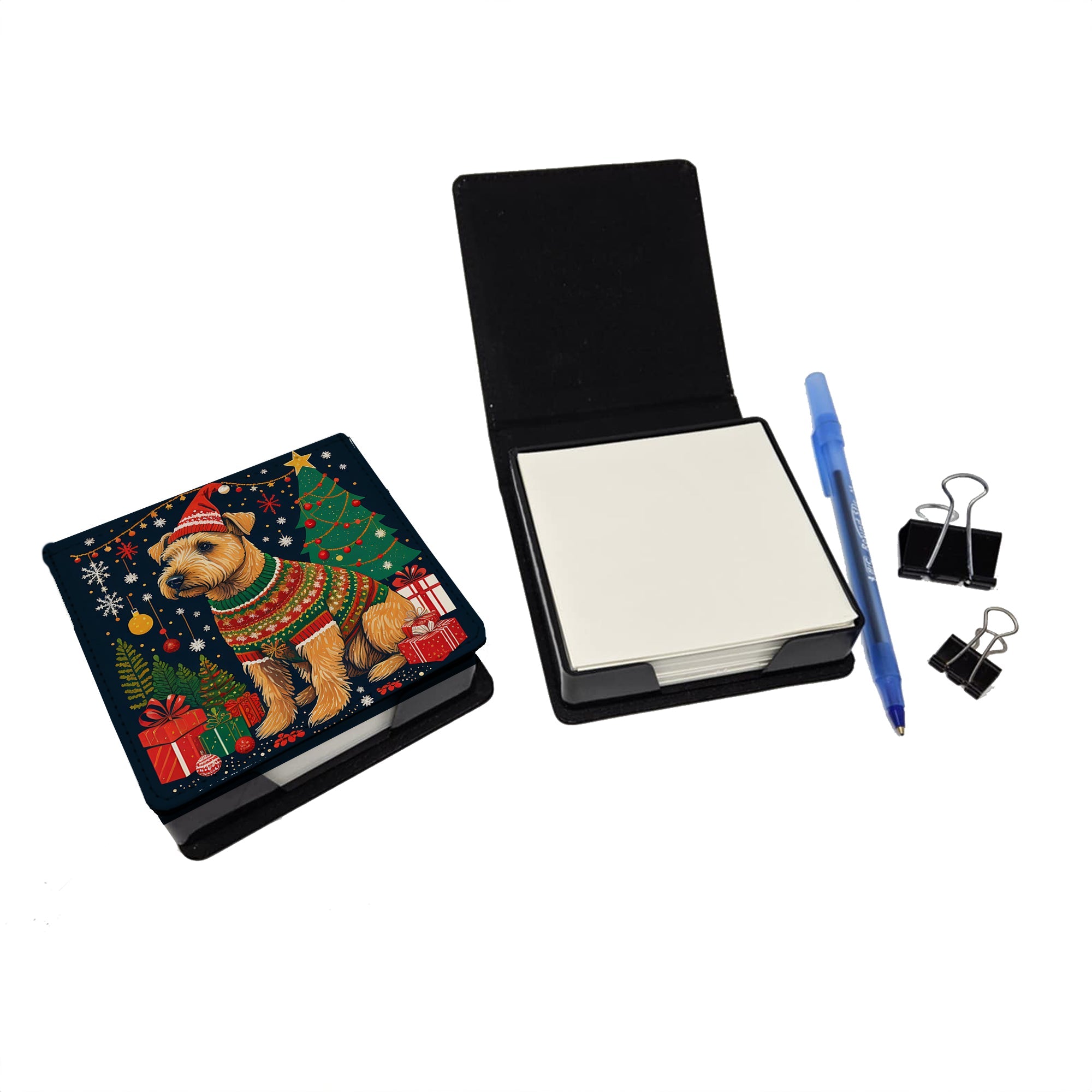 Lakeland Terrier Christmas PU Leather Note Paper Holder with Artist-Designed Cover, Desk Accessory, Office Gift
