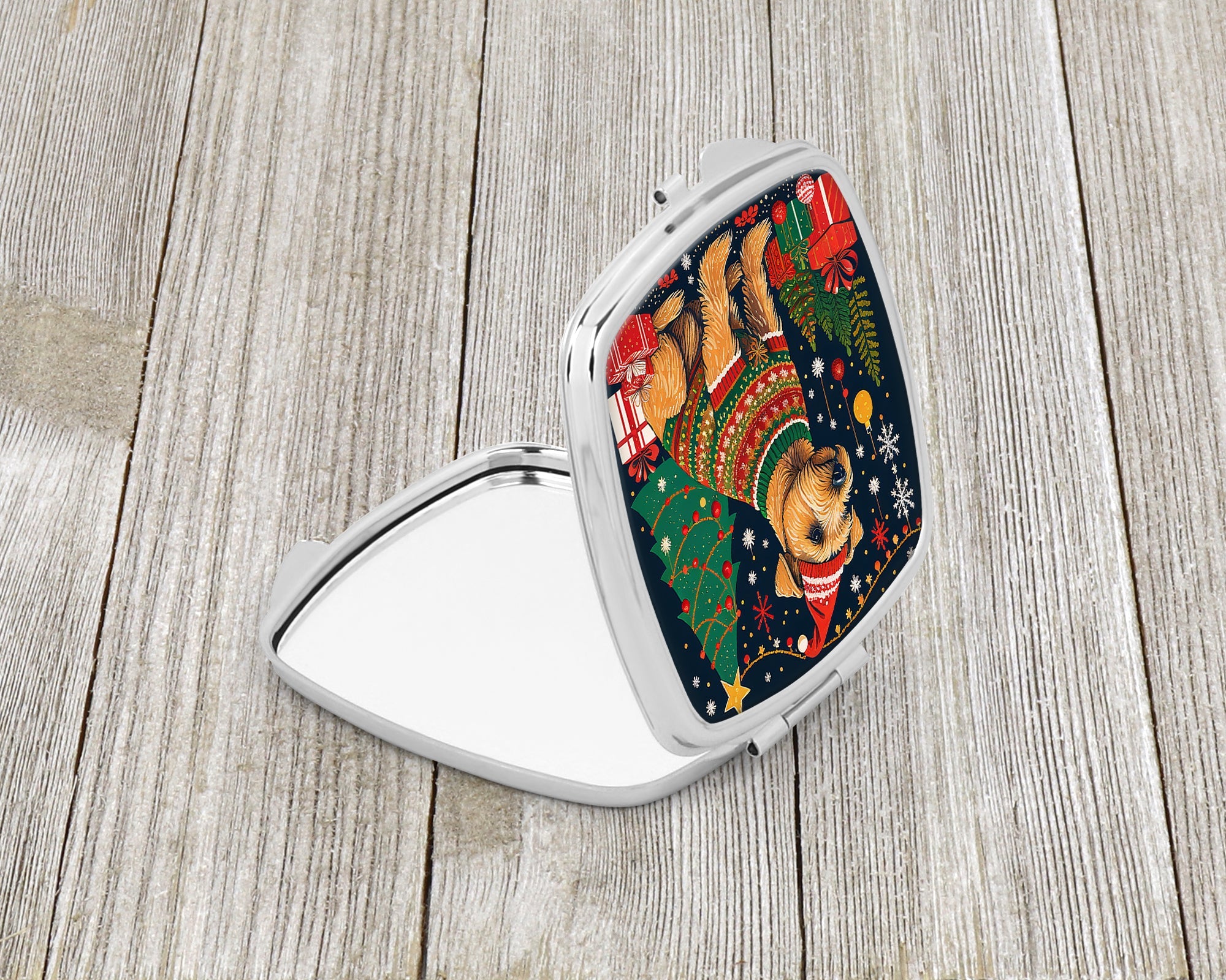 Lakeland Terrier Christmas Compact Mirror Decorative Travel Makeup Mirror for Women Girls Gifts Pocket Makeup Mirror Folding Handheld
