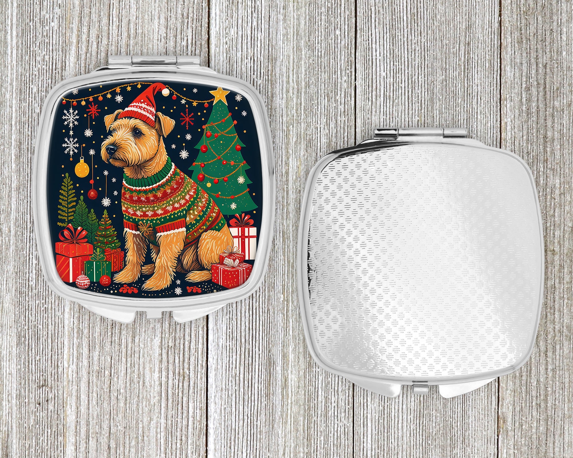 Lakeland Terrier Christmas Compact Mirror Decorative Travel Makeup Mirror for Women Girls Gifts Pocket Makeup Mirror Folding Handheld