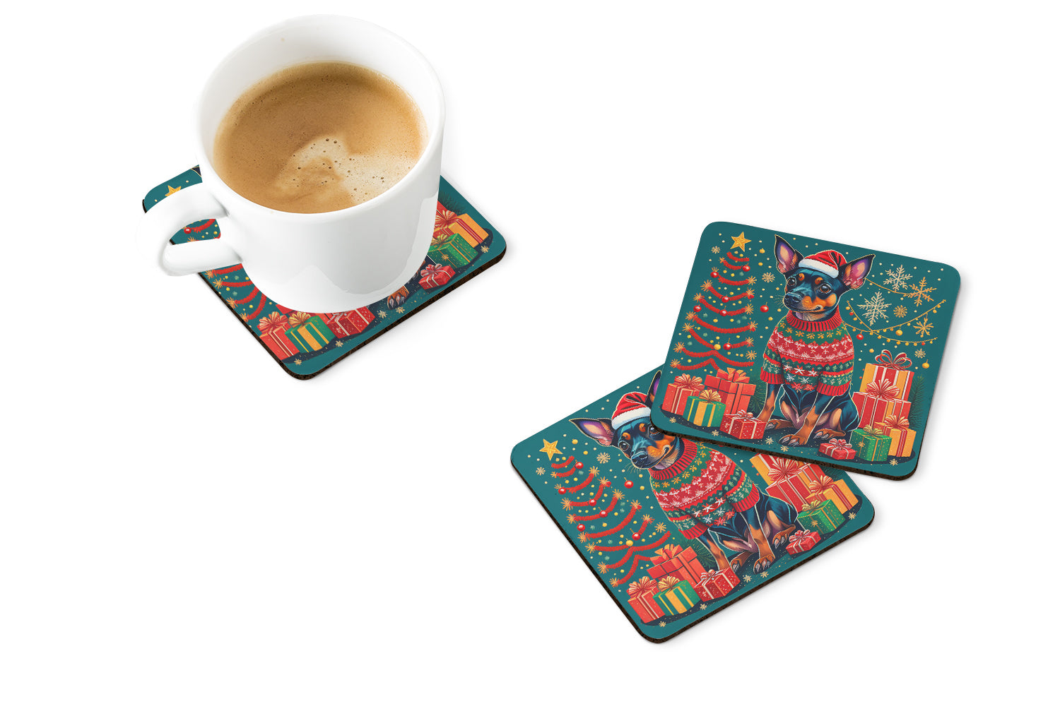 Miniature Pinscher Christmas Foam Coasters Set of 4 Cup Coasters for Indoor Outdoor, Tabletop Protection, Anti Slip, Mouse pad Material