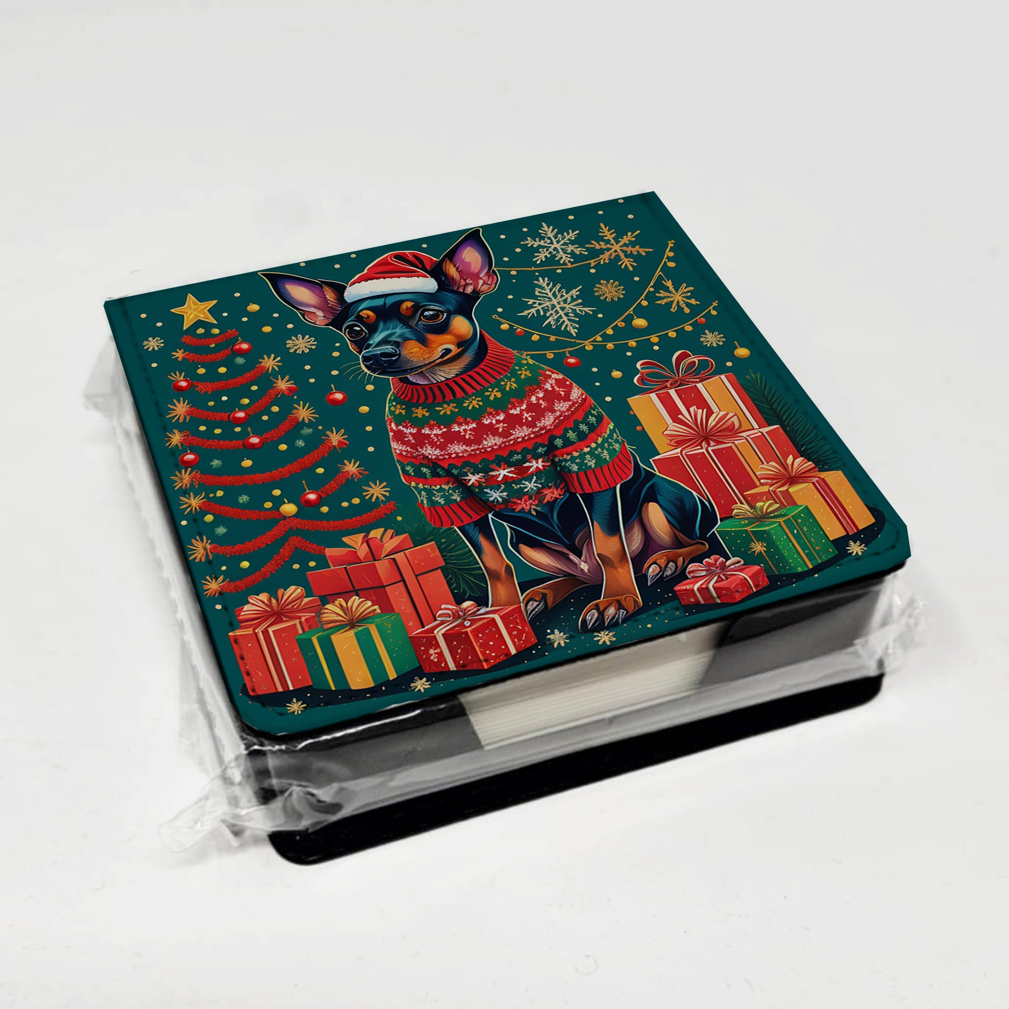Miniature Pinscher Christmas PU Leather Note Paper Holder with Artist-Designed Cover, Desk Accessory, Office Gift