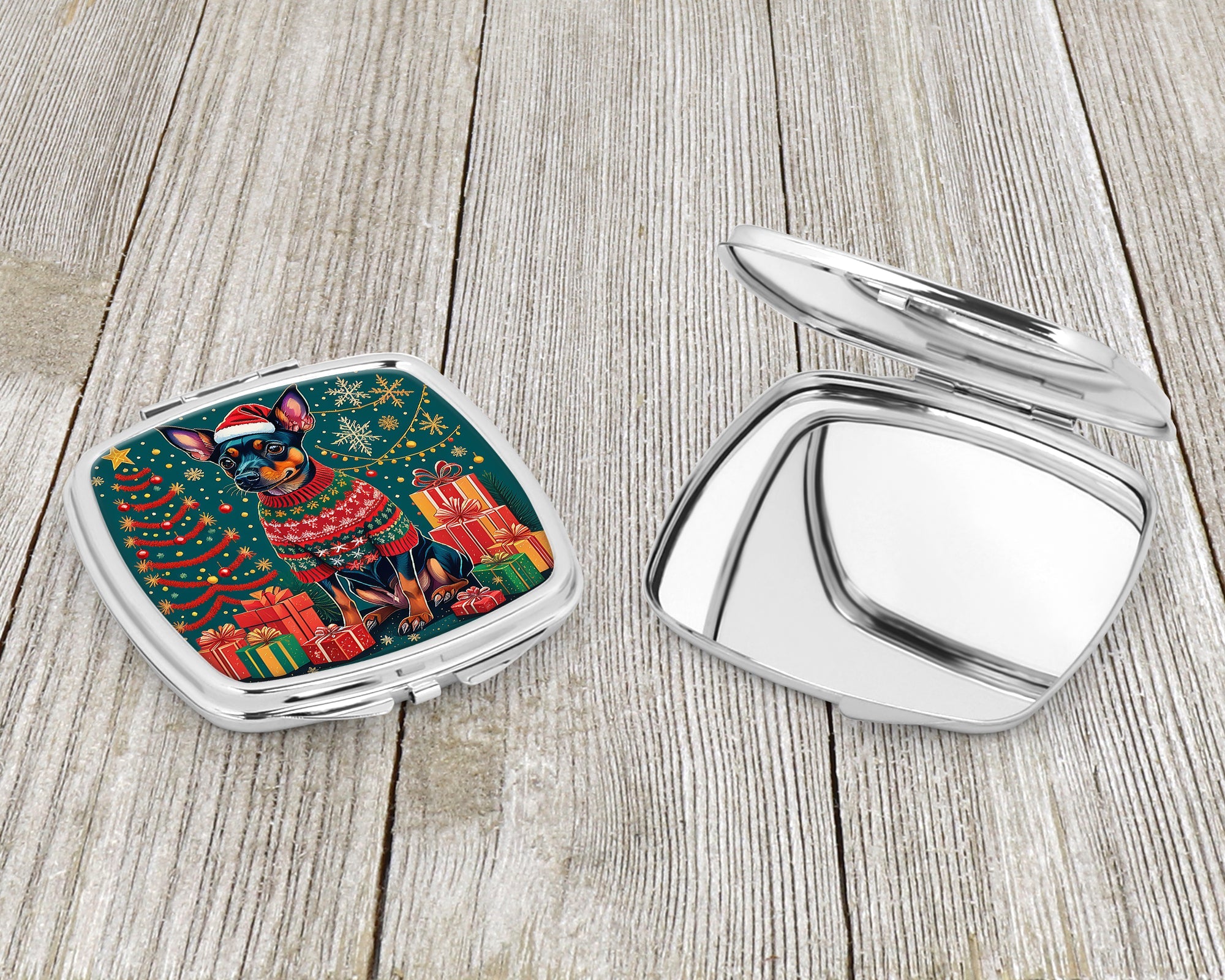 Miniature Pinscher Christmas Compact Mirror Decorative Travel Makeup Mirror for Women Girls Gifts Pocket Makeup Mirror Folding Handheld