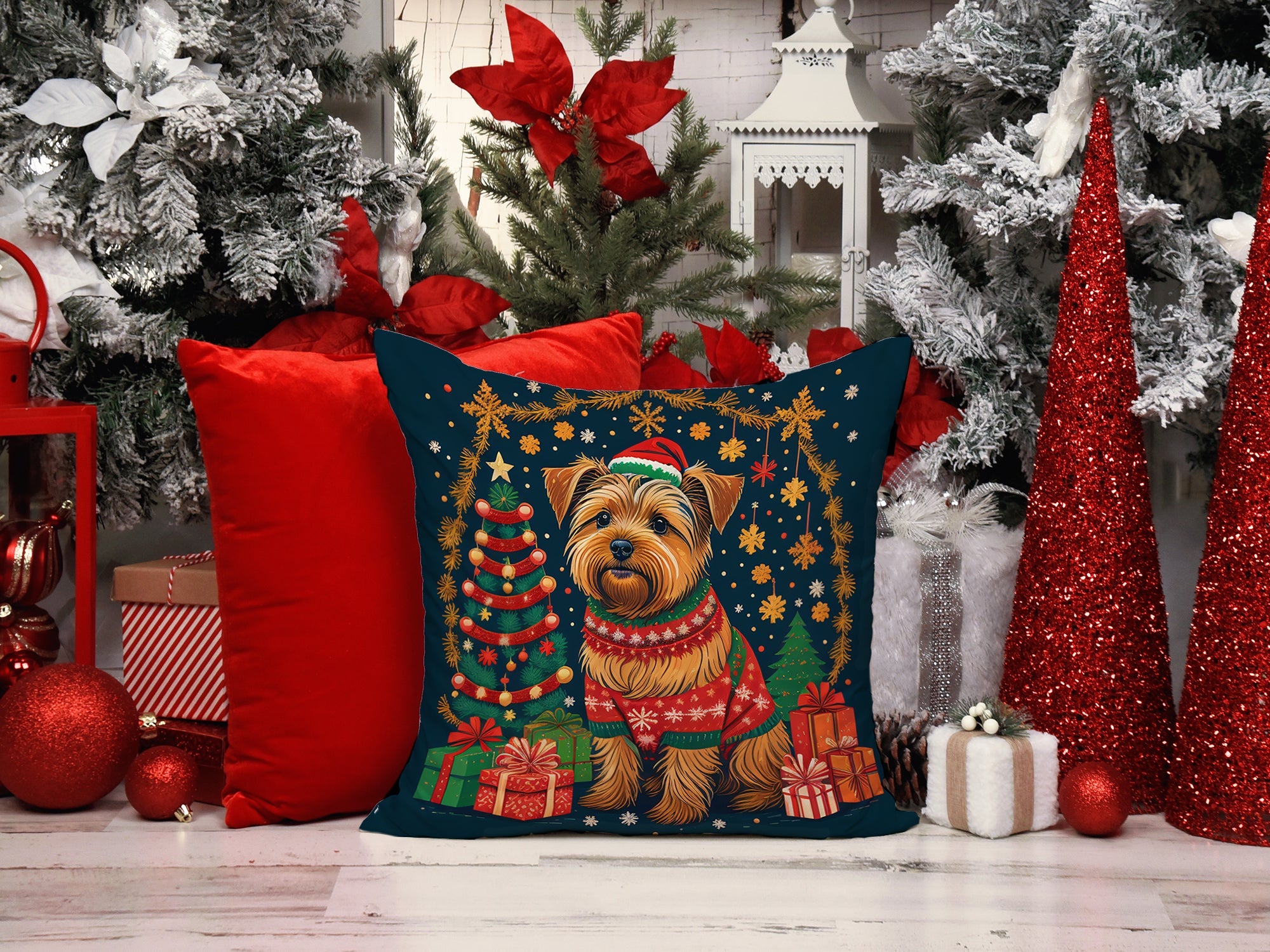 Norfolk Terrier Christmas Decorative Throw Pillow 18x18 Indoor Outdoor Accent Cushion, Fabric Cover with Insert for Sofa, Bed, Porch & Living Room