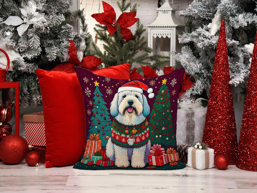 Old English Sheepdog Christmas Decorative Throw Pillow 14x14 Indoor Outdoor Accent Cushion, Fabric Cover with Insert for Sofa, Bed, Porch & Living Room