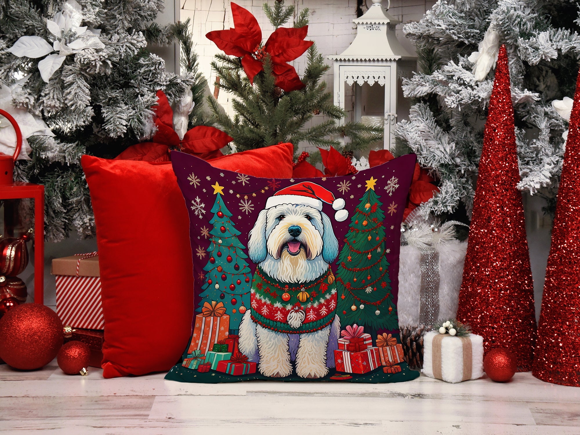 Old English Sheepdog Christmas Decorative Throw Pillow 14x14 Indoor Outdoor Accent Cushion, Fabric Cover with Insert for Sofa, Bed, Porch & Living Room
