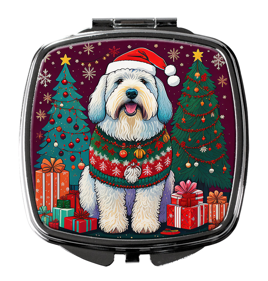 Old English Sheepdog Christmas Compact Mirror Decorative Travel Makeup Mirror for Women Girls Gifts Pocket Makeup Mirror Folding Handheld